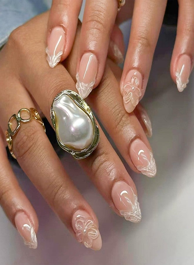 TOGZOM Almond Short Nude Press on Nails - Glossy 3D Flower Acrylic French Tip Gradient False Nails - Full Cover Glue on for Women Girls Manicure Decor - 24Pcs - Image 1